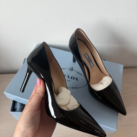 NWT Prada Pointed Toe Pumps Black Patent Leather High Stiletto Heels Sz 34 - Picture 5 of 11
